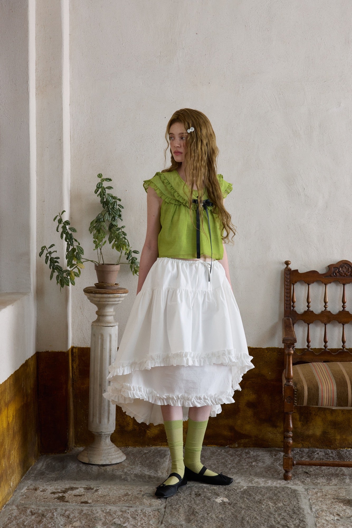‘Flounder’ Green Linen Double-Layer Collar Top