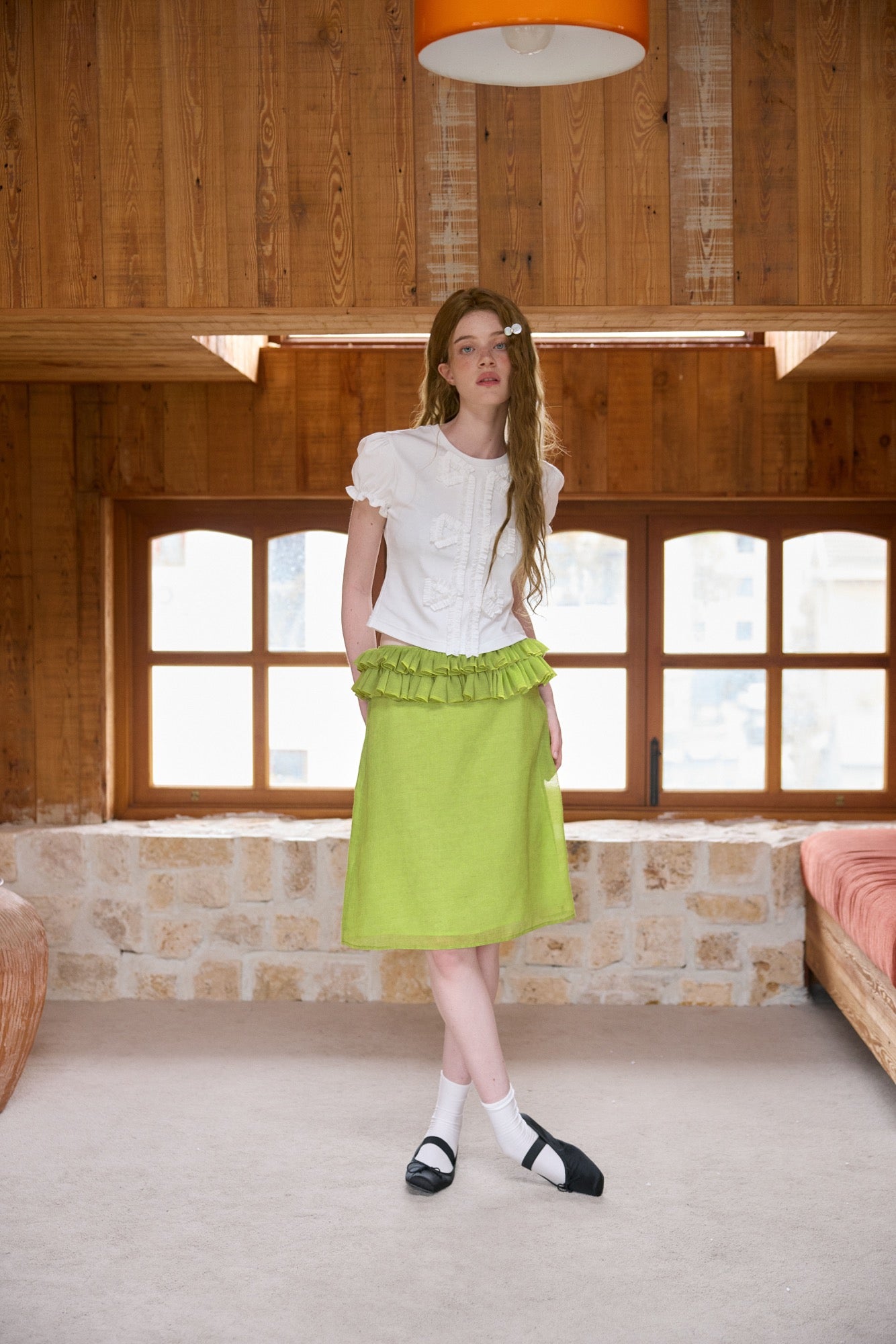 ‘Harold’ Green Linen Ruffles Midi Skirt