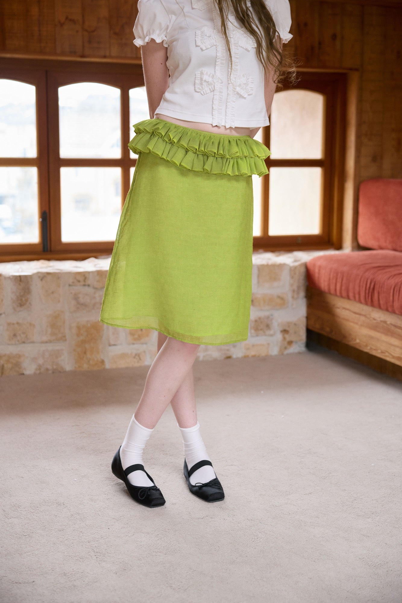 ‘Harold’ Green Linen Ruffles Midi Skirt
