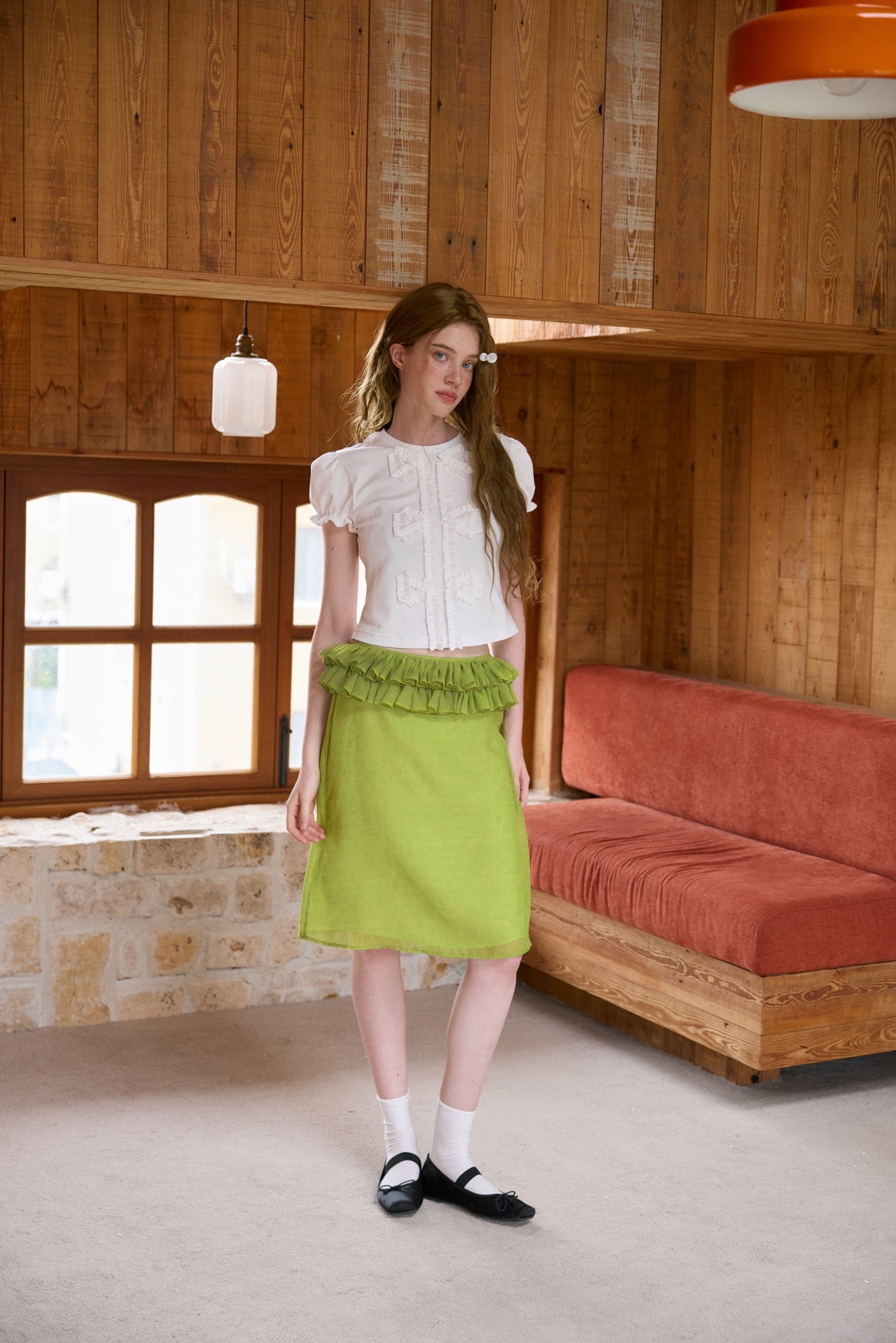 ‘Harold’ Green Linen Ruffles Midi Skirt