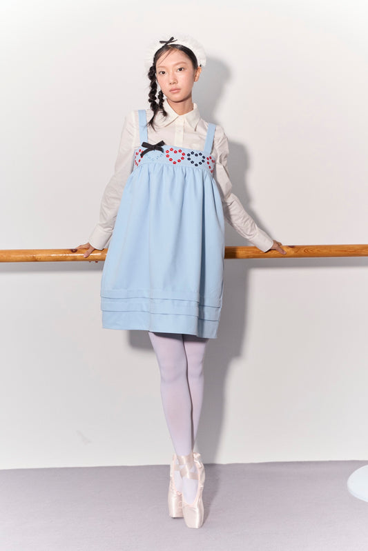 'Drummer Bunny' Blue Suspender Tuck Dress