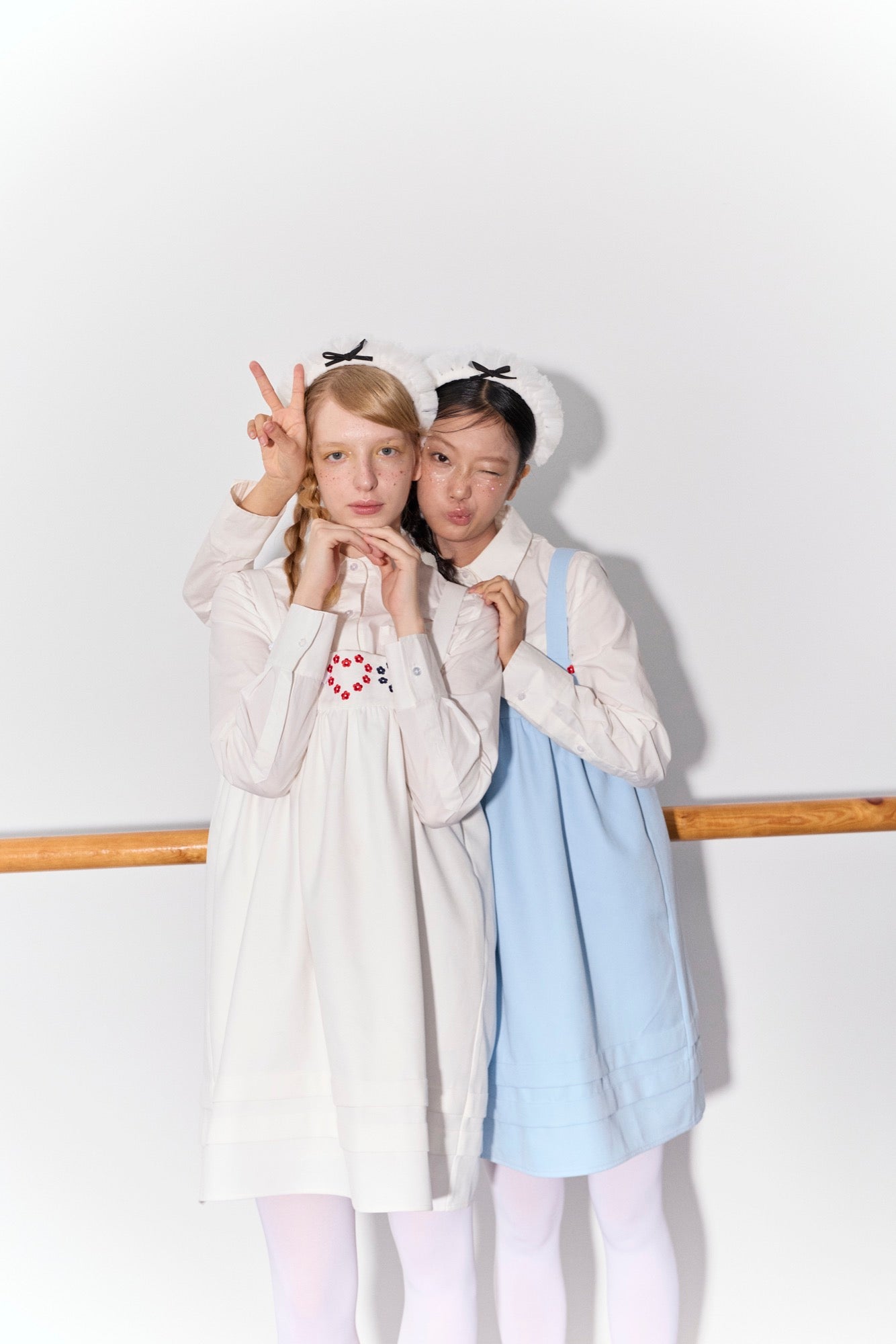 'Drummer Bunny' White Suspender Tuck Dress