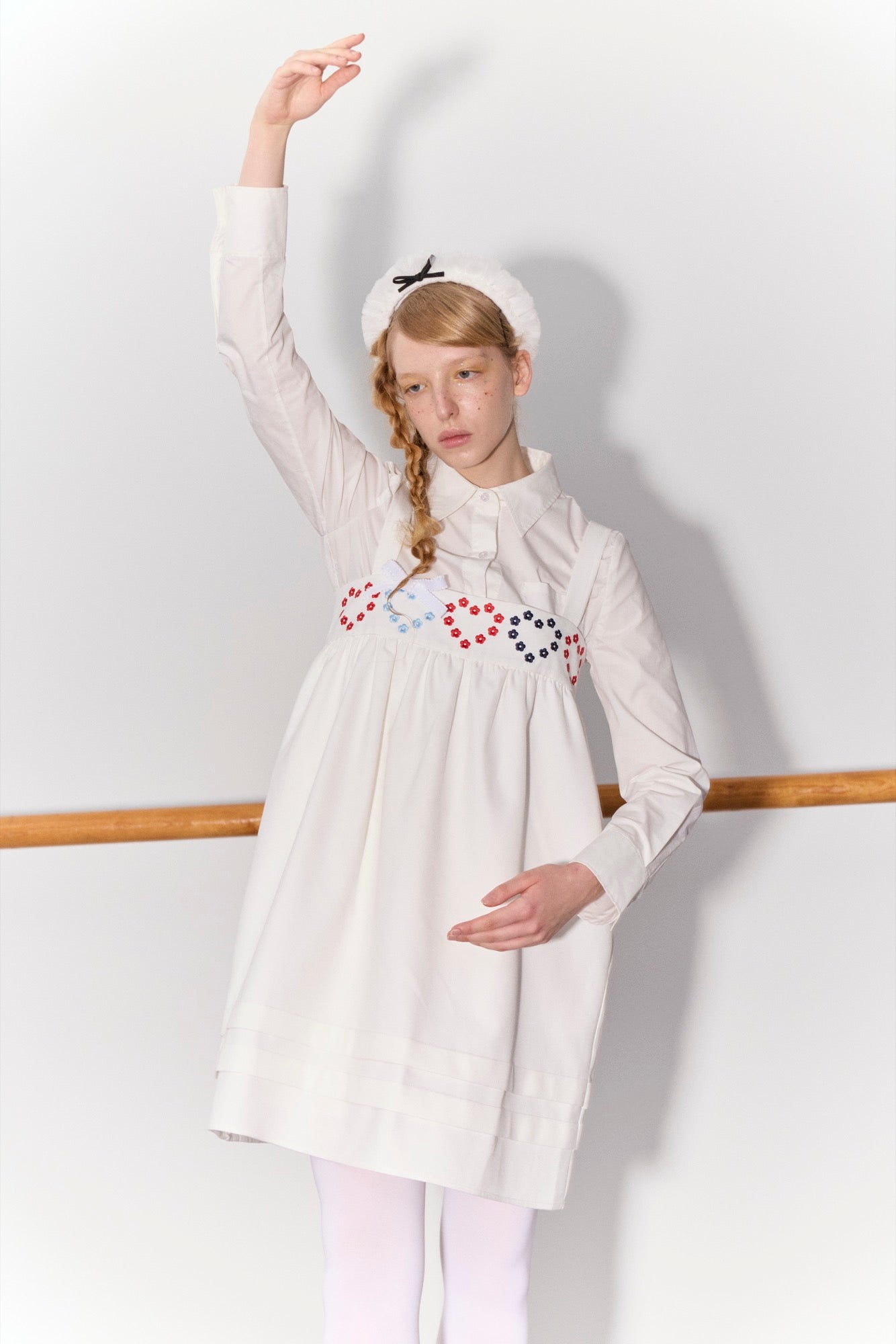 'Drummer Bunny' White Suspender Tuck Dress