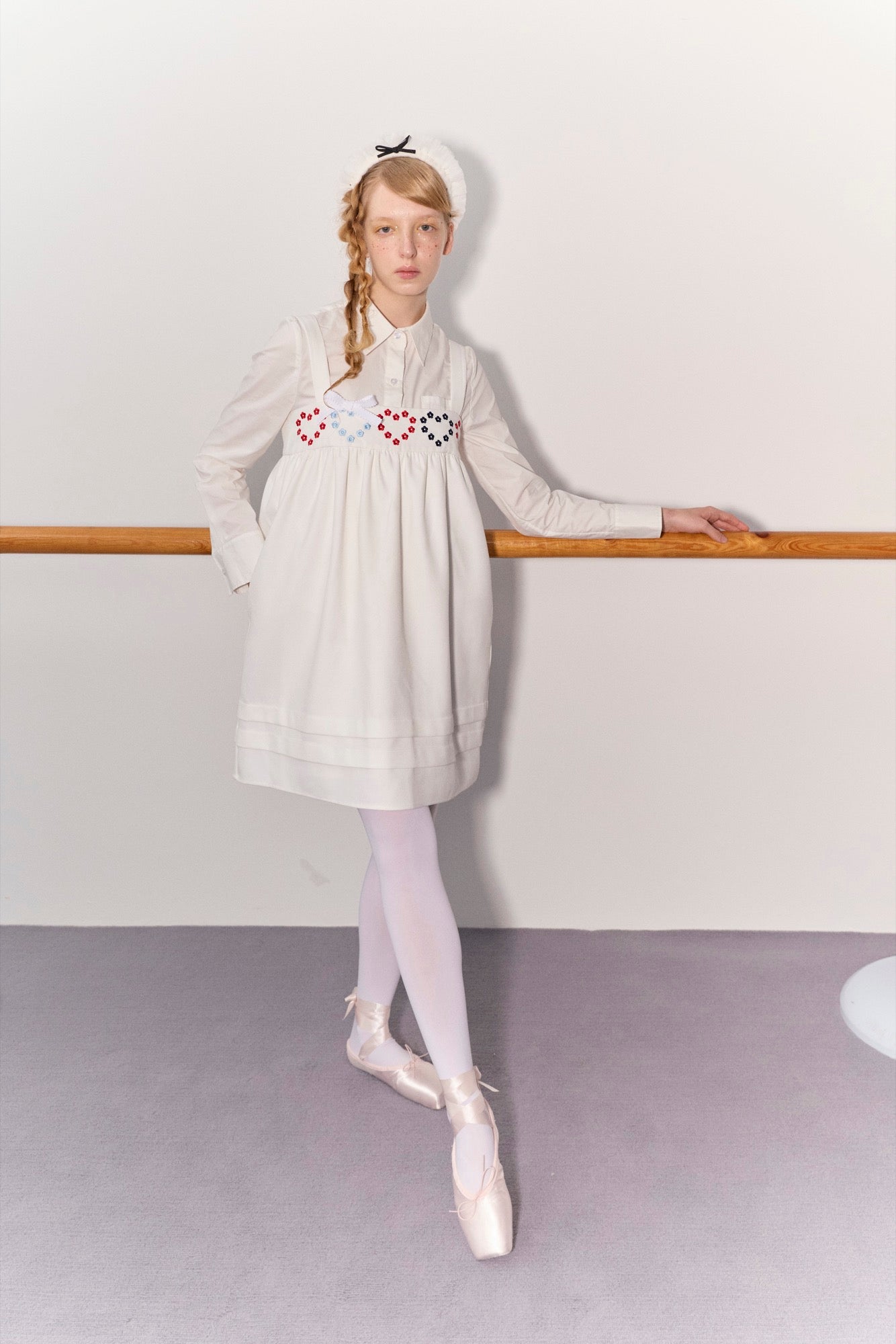 'Drummer Bunny' White Suspender Tuck Dress