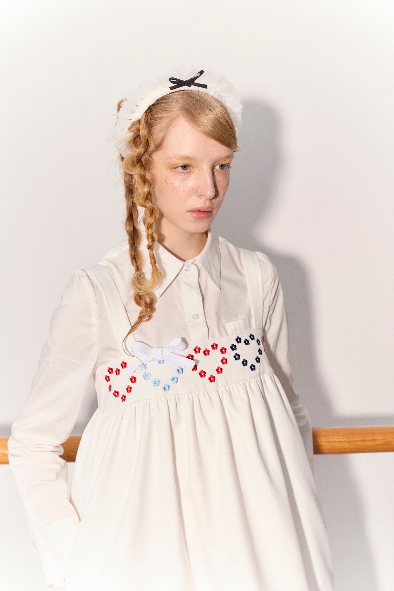 'Drummer Bunny' White Suspender Tuck Dress