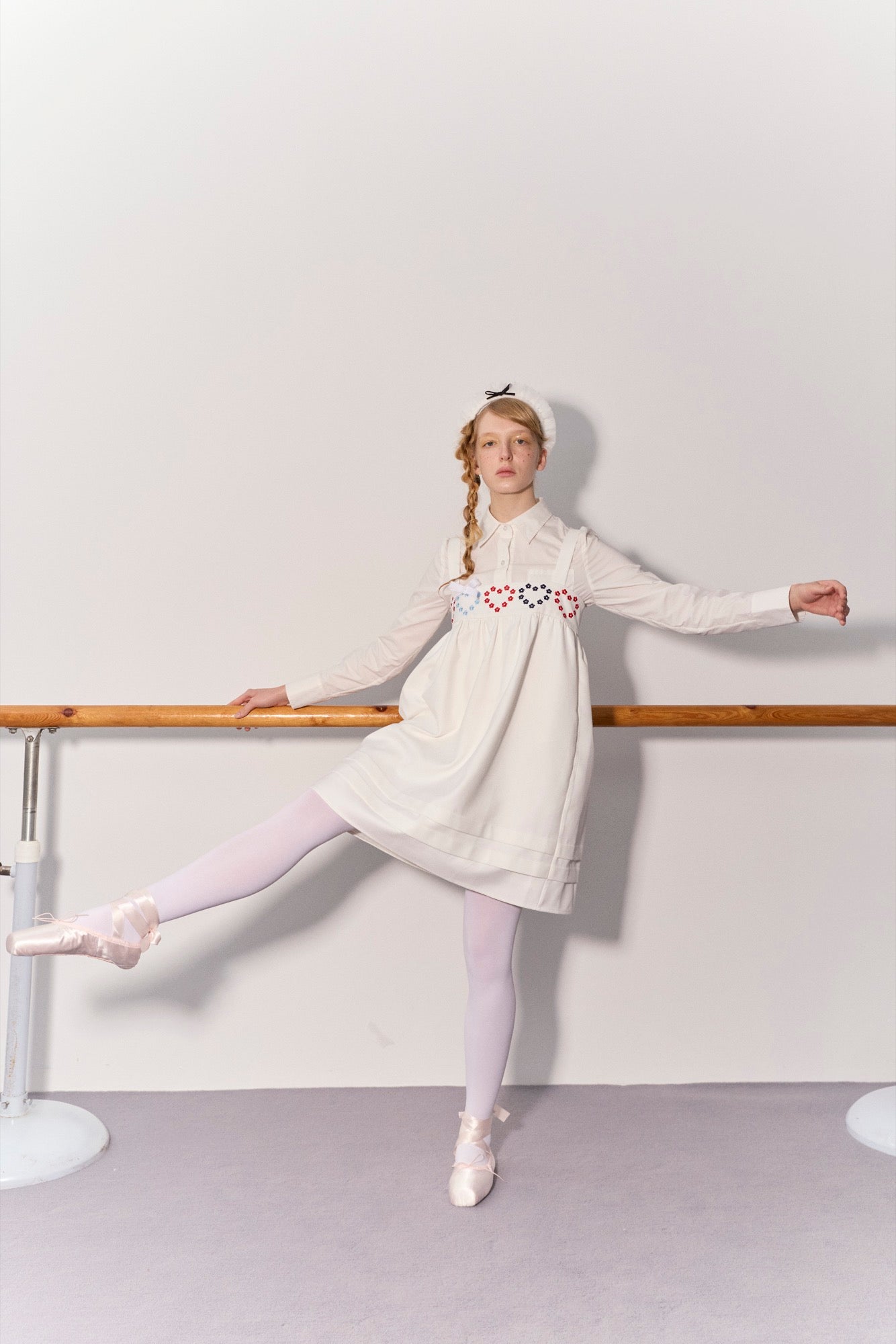 'Drummer Bunny' White Suspender Tuck Dress