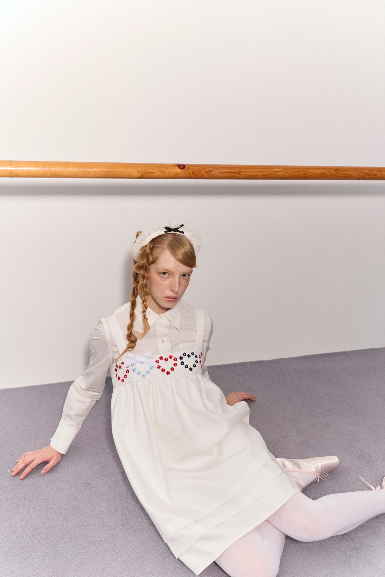 'Drummer Bunny' White Suspender Tuck Dress