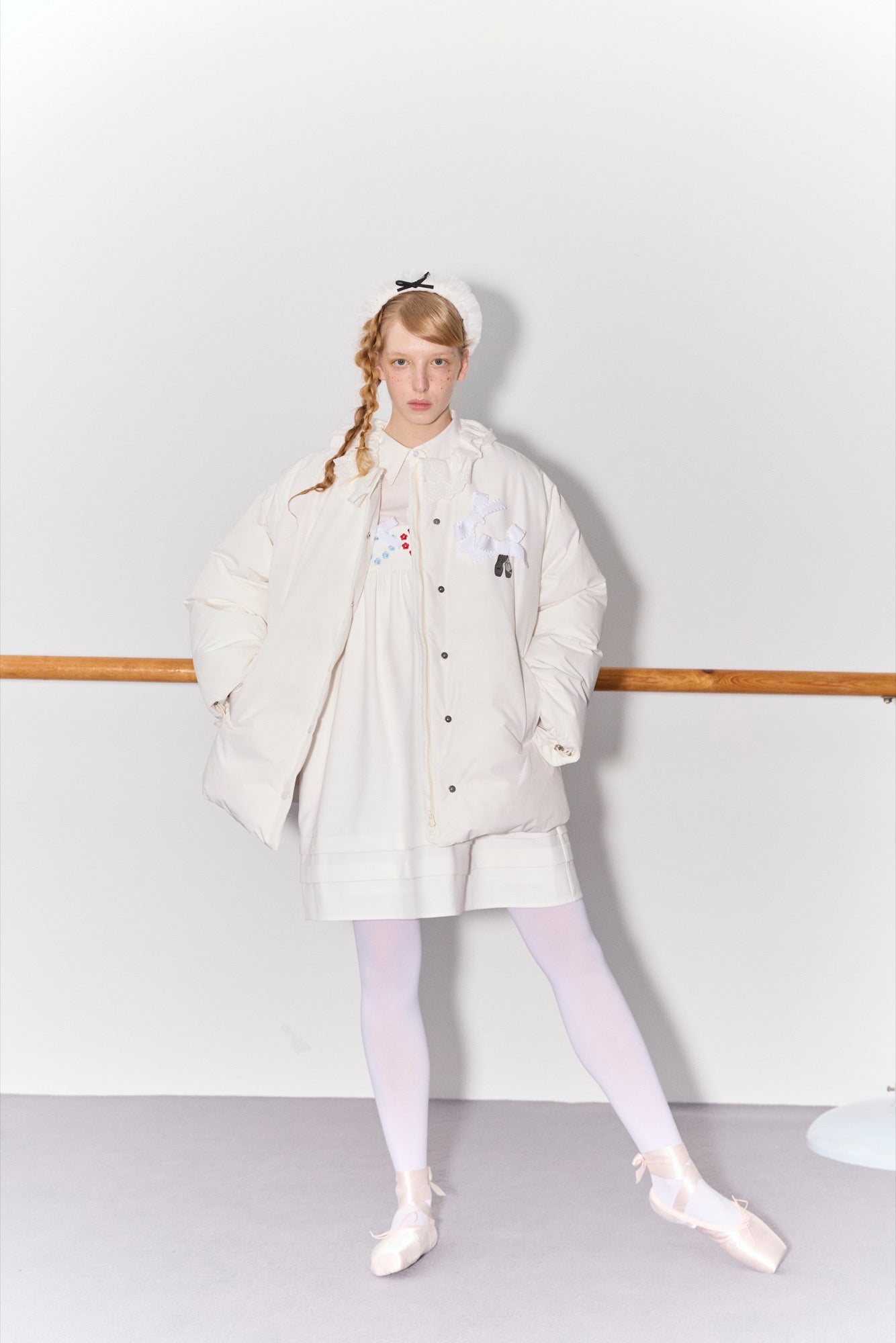 'Drummer Bunny' White Suspender Tuck Dress