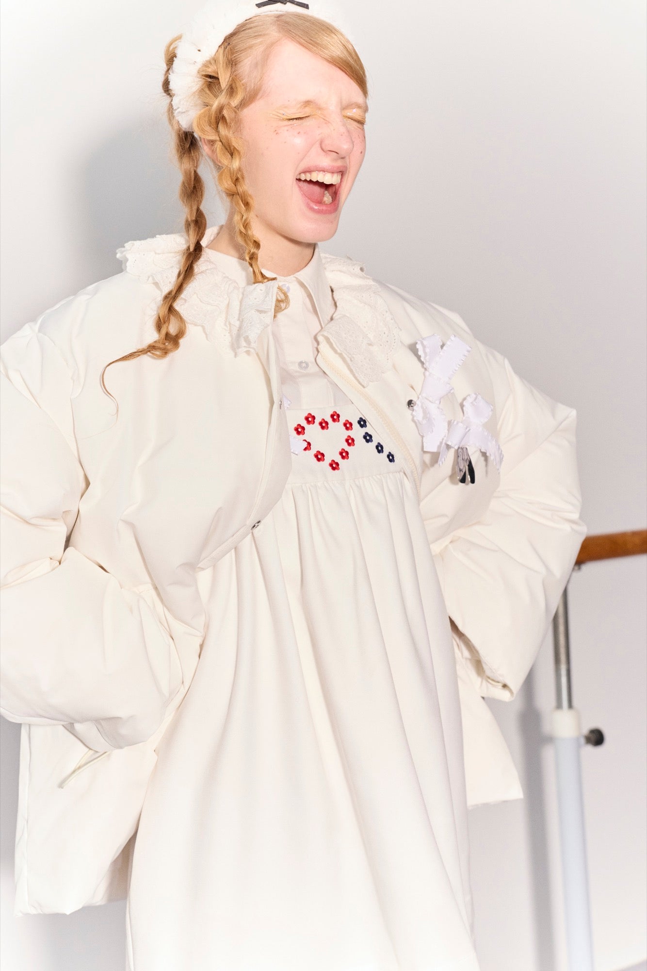 'Drummer Bunny' White Suspender Tuck Dress
