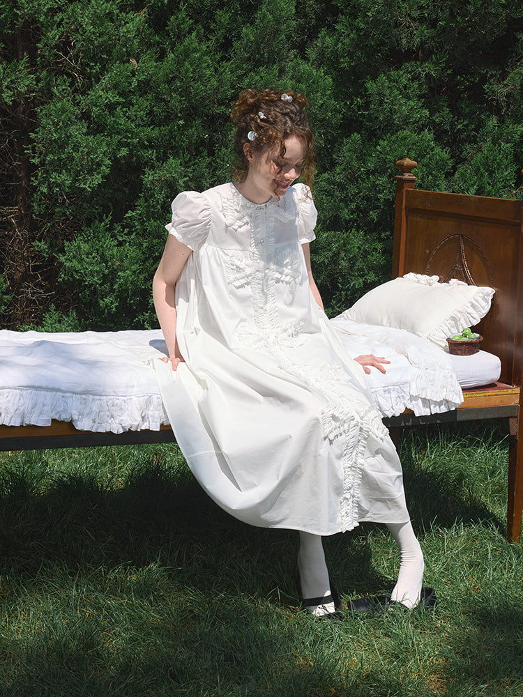 ‘Andrina’ White Gathering Bow-tie Long Shirt Dress