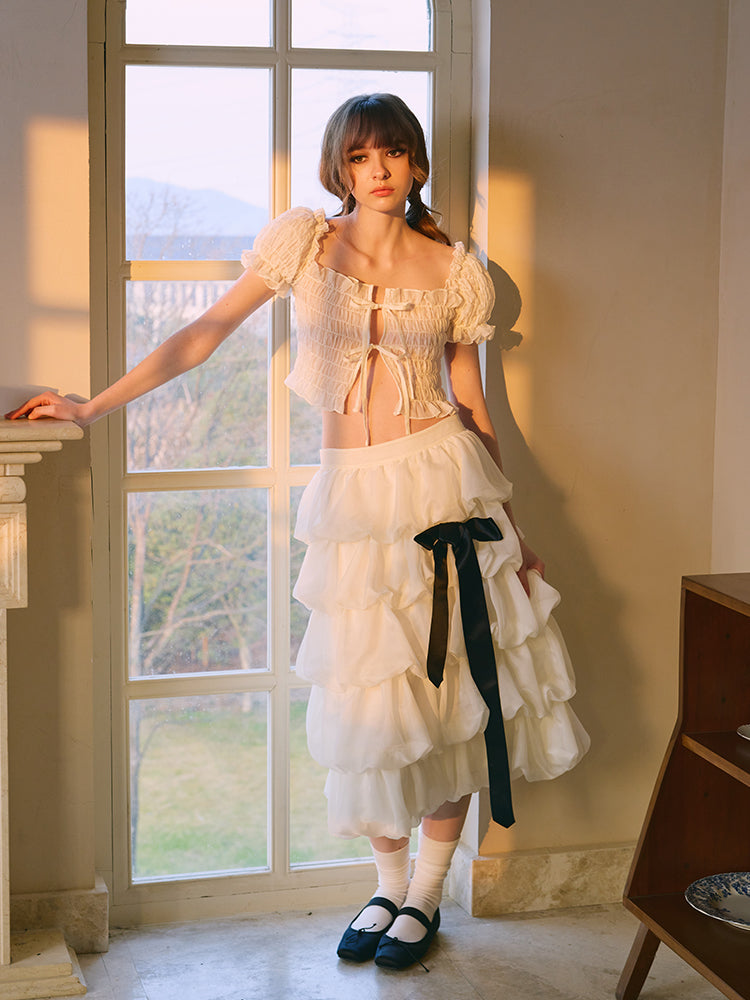 ‘Soleil’ Beige Smocking Puff Sleeve Top