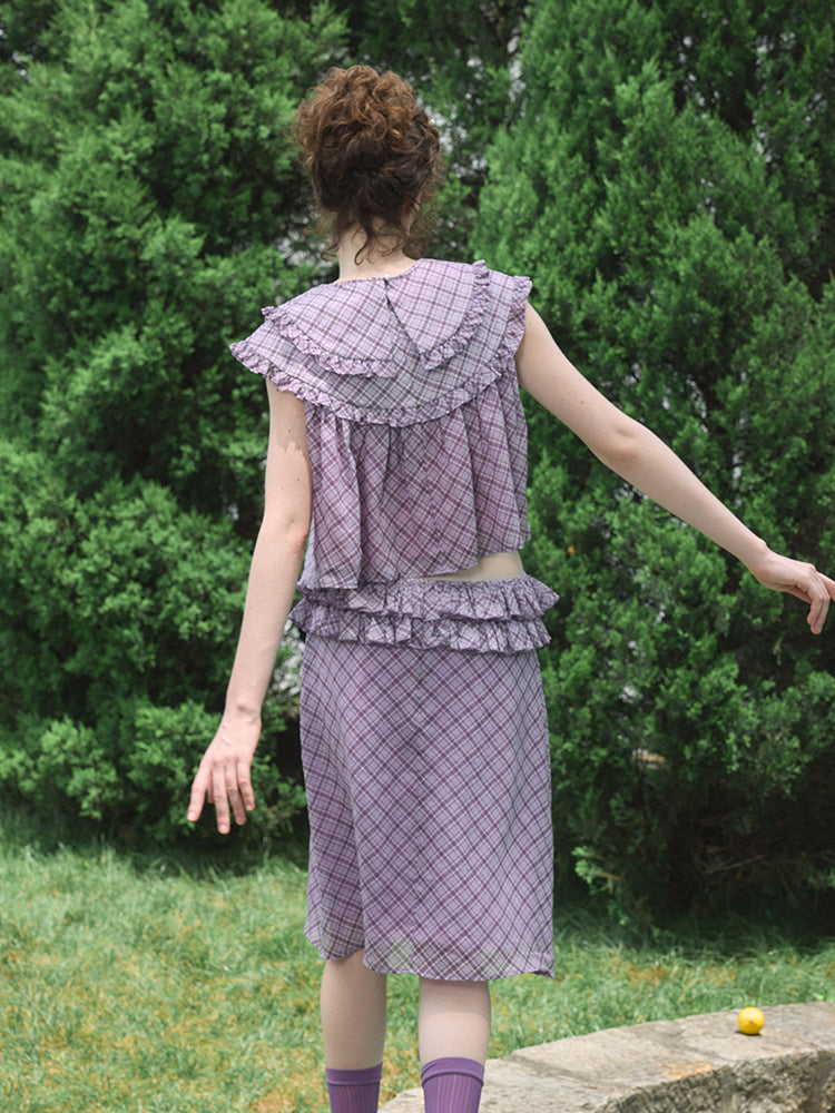 ‘Flounder’ Purple Plaid Double-Layer Collar Top