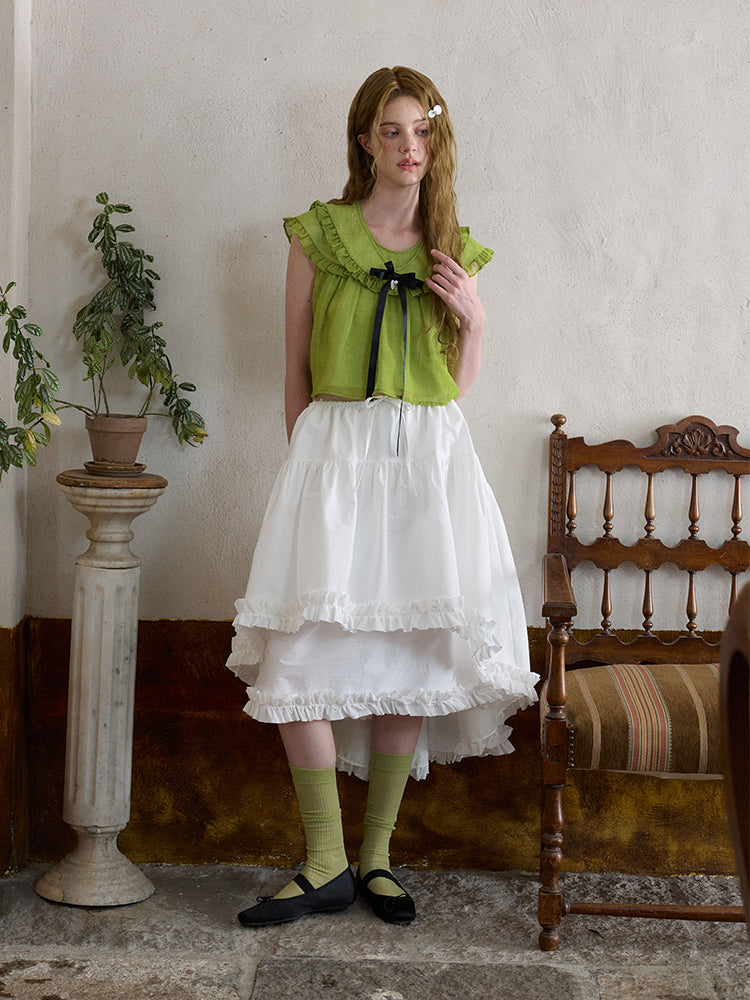 ‘Flounder’ Green Linen Double-Layer Collar Top
