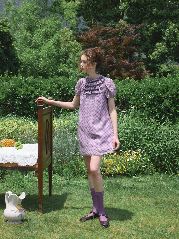 ‘Attina’ Purple Plaid Ruffles Dress