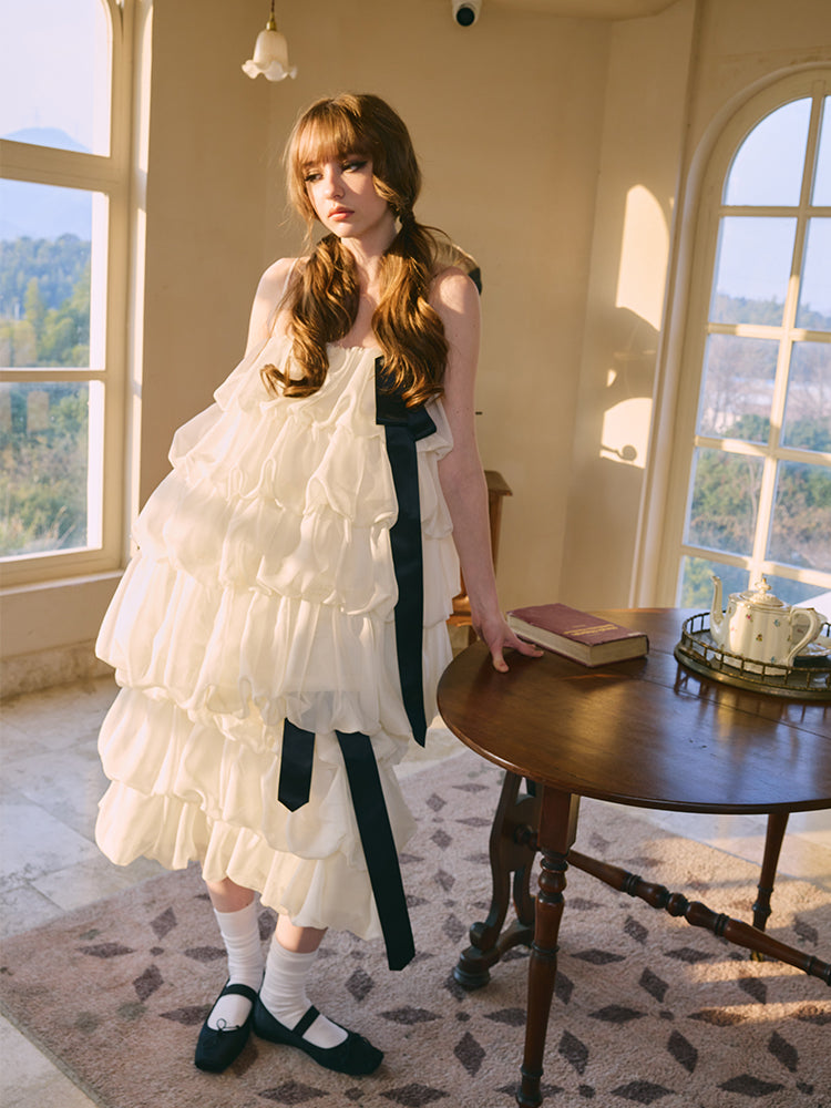 ‘Mélodie’ Beige Organza Pleated Skirt