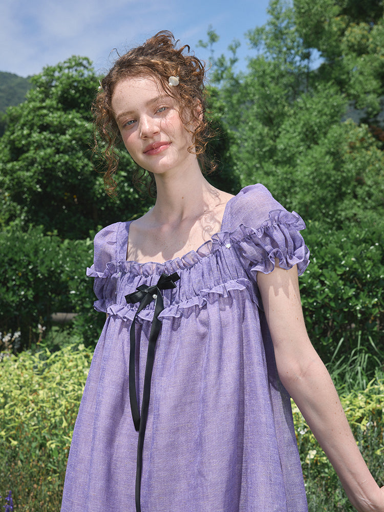 ‘Ariel’ Purple Linen Puff Dress