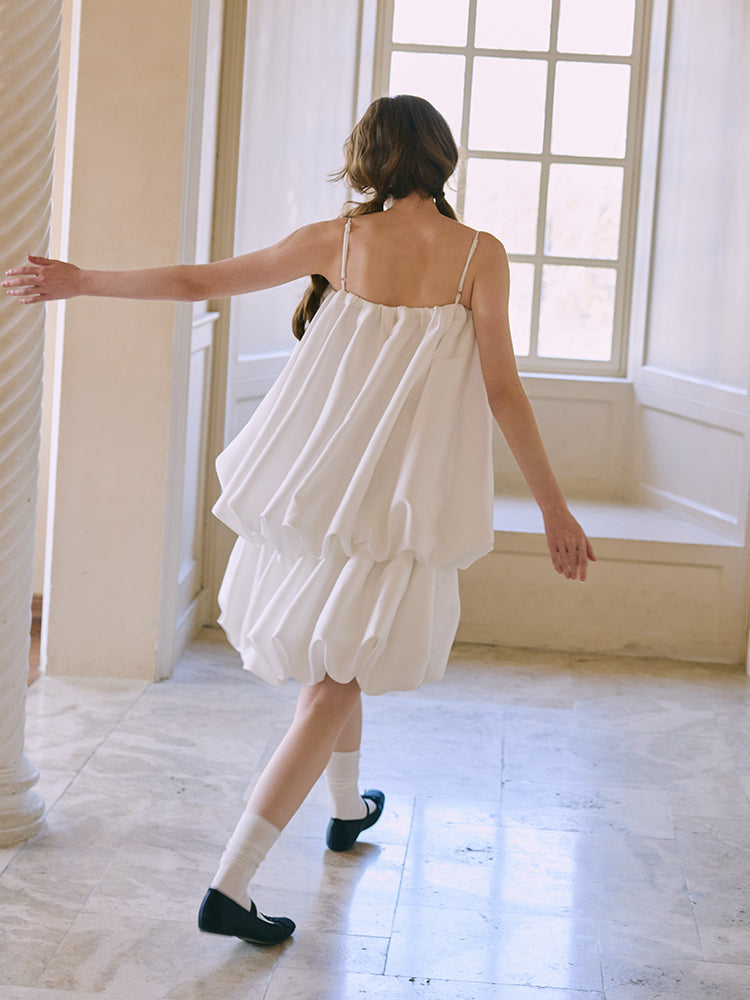 ‘Éloïse’ White Gathered Puffy Slip Dress