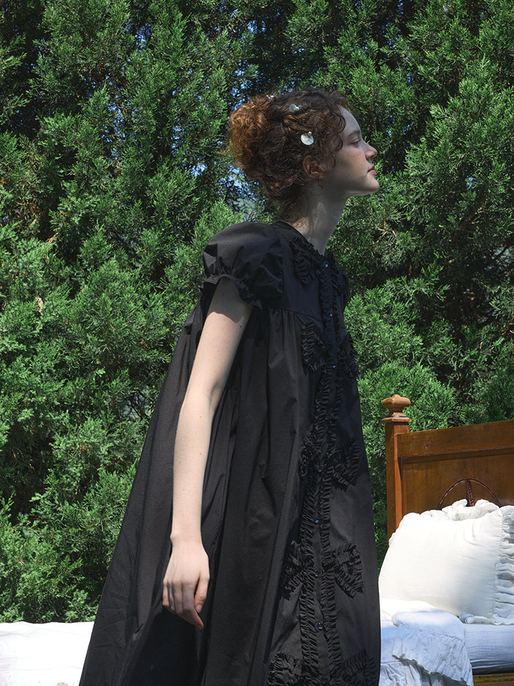 ‘Andrina’ Black Gathering Bow-tie Long Shirt Dress