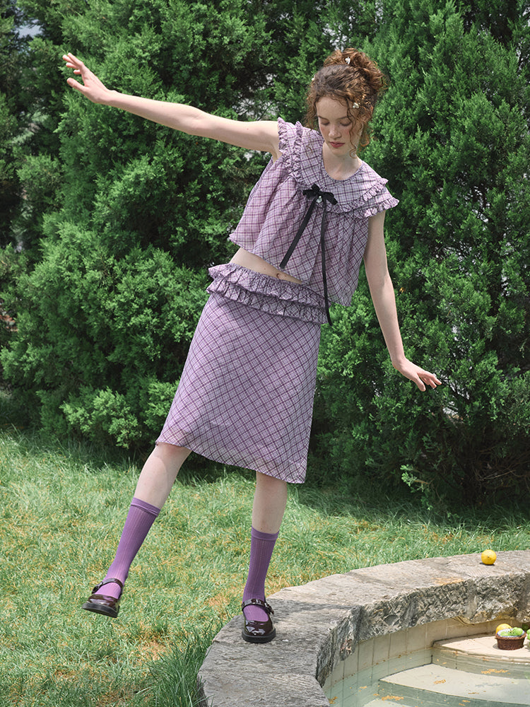 ‘Harold’ Purple Plaid Ruffles Midi Skirt