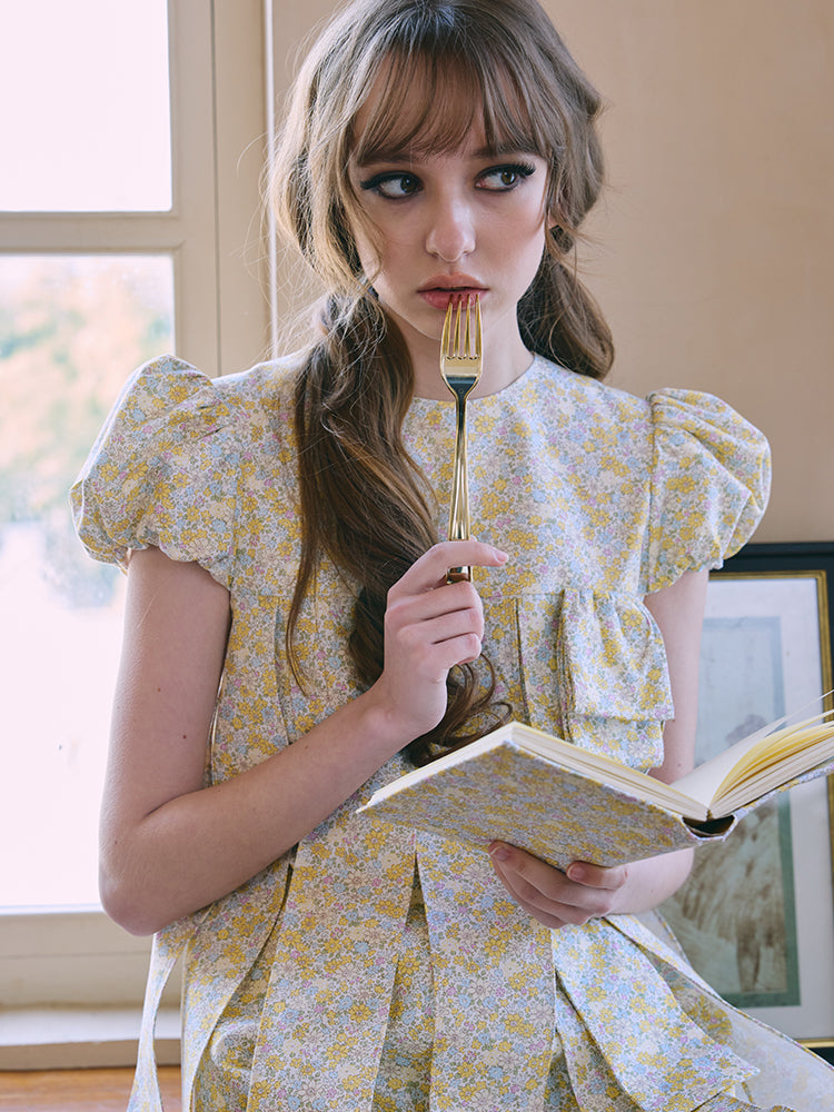 ‘Perle’ Yellow Floral Puff Sleeve Babydoll Dress