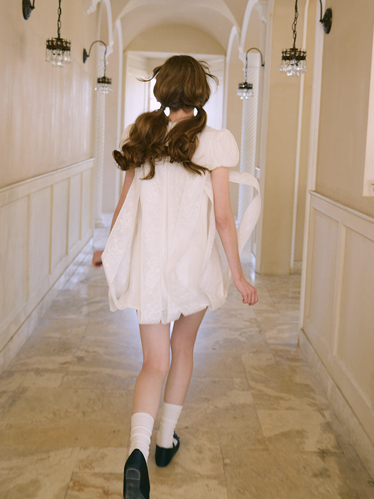 ‘Perle’ White Puff Sleeve Babydoll Dress