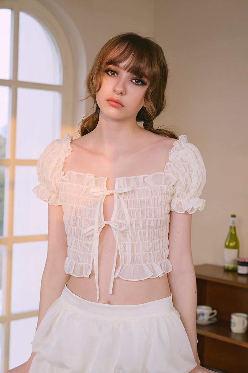 ‘Soleil’ Beige Smocking Puff Sleeve Top