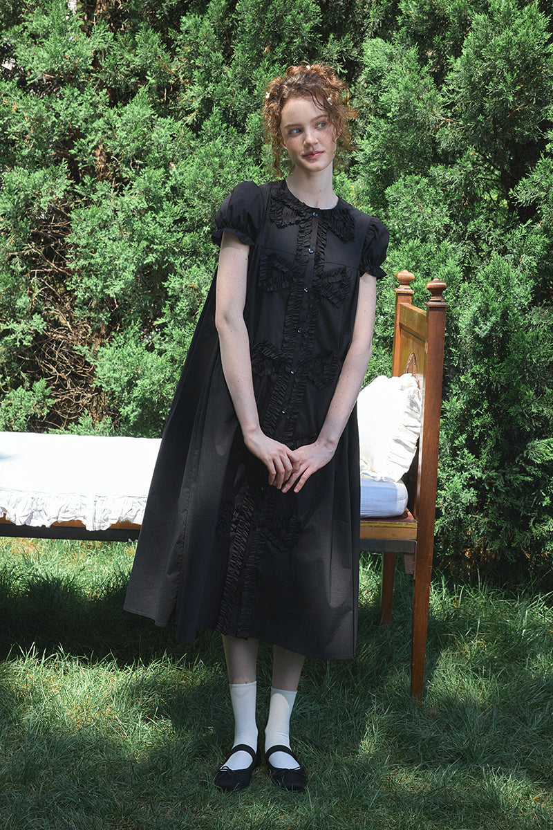 ‘Andrina’ Black Gathering Bow-tie Long Shirt Dress
