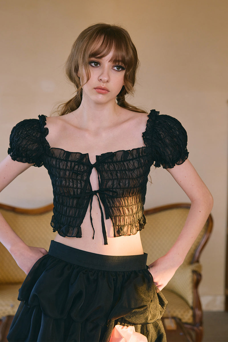 ‘Soleil’ Black Smocking Puff Sleeve Top