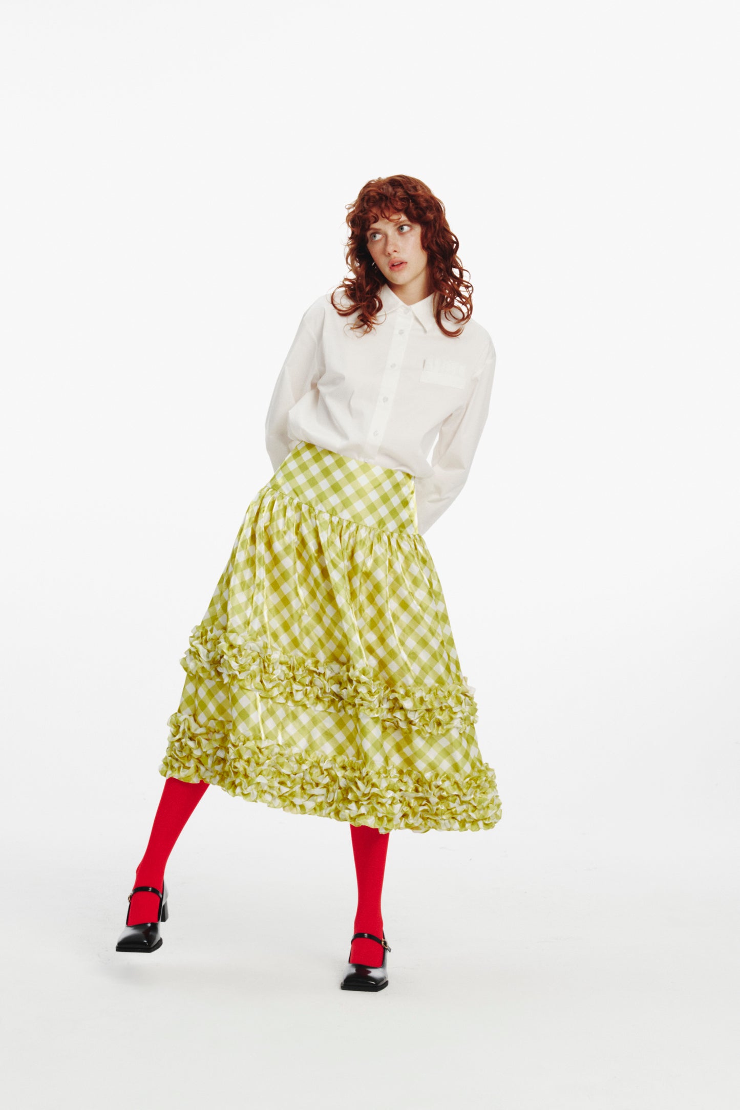 ‘Sweet Cream Cake’ Green Check Midi Skirt