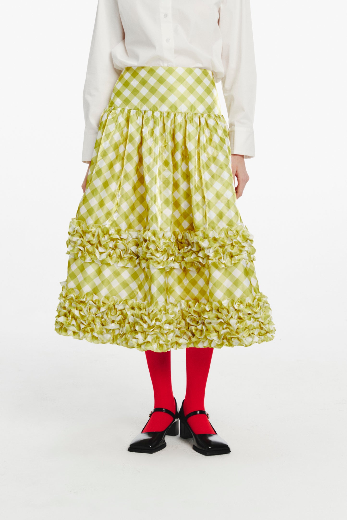 ‘Sweet Cream Cake’ Green Check Midi Skirt