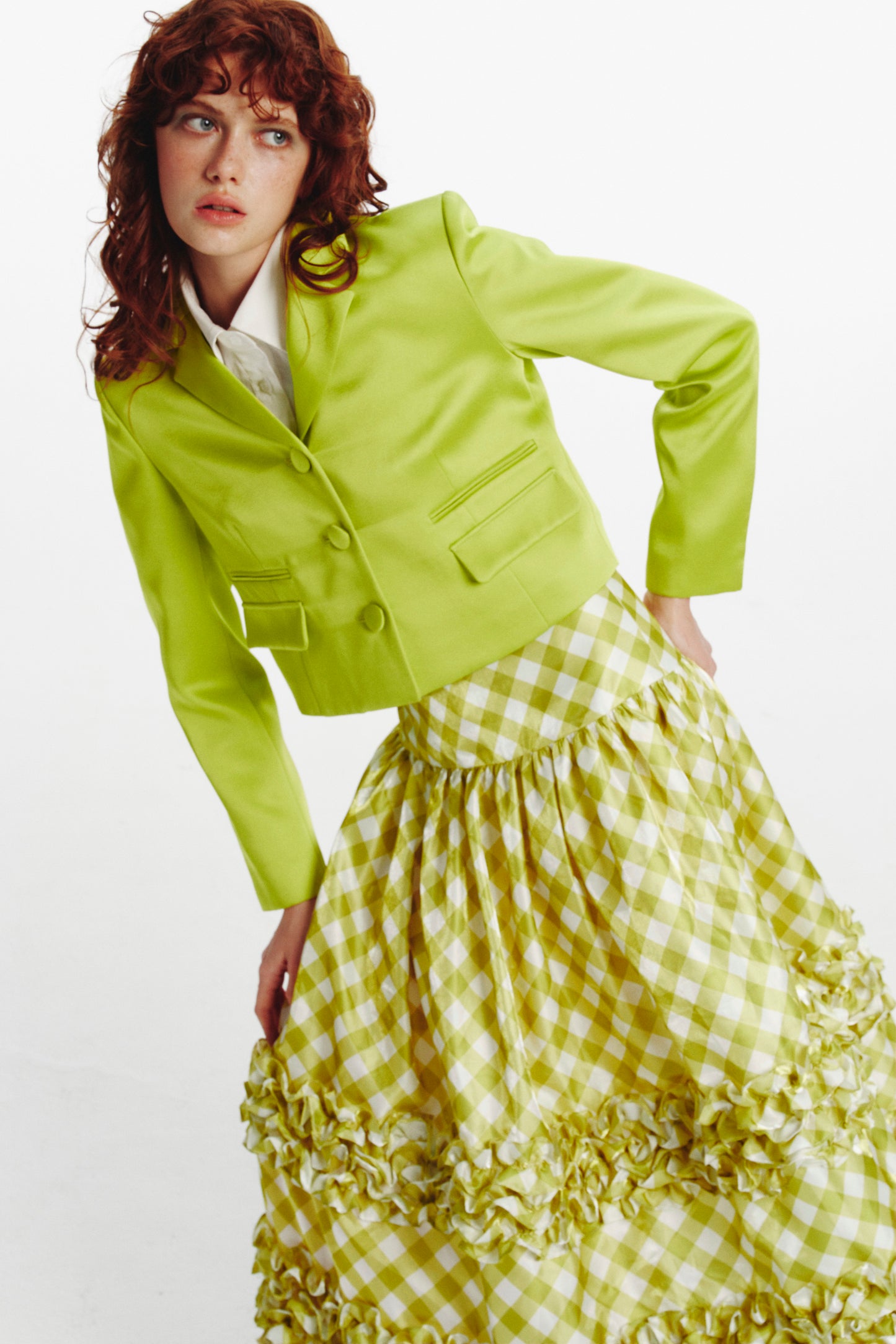 ‘Sweet Cream Cake’ Green Check Midi Skirt