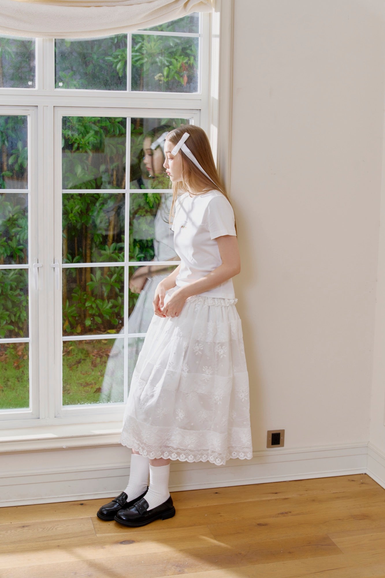 'Solitude Speaks' White Embroideried Midi Skirt