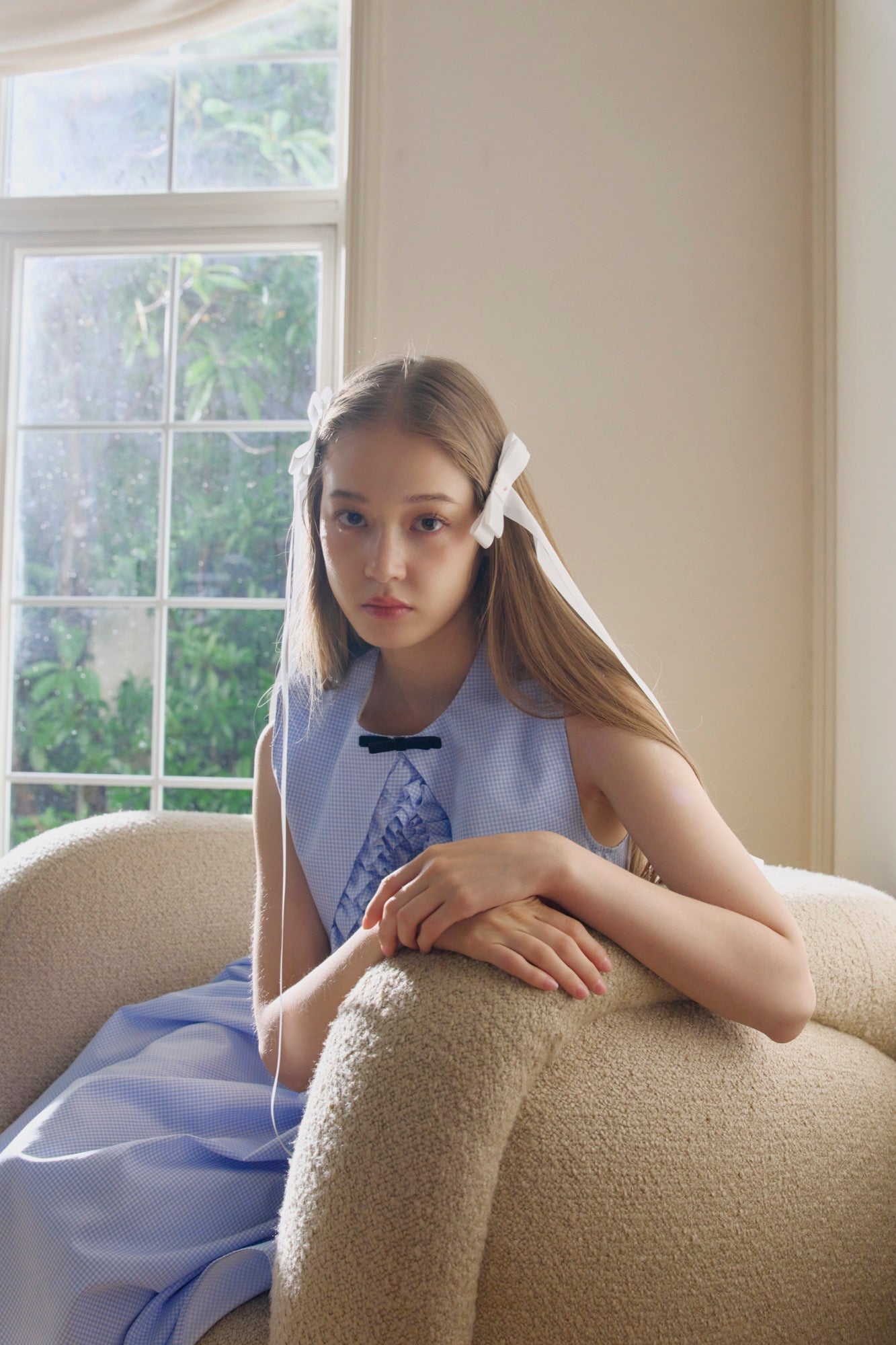‘Cloud Surfing’ Blue V-cut Gathering Dress