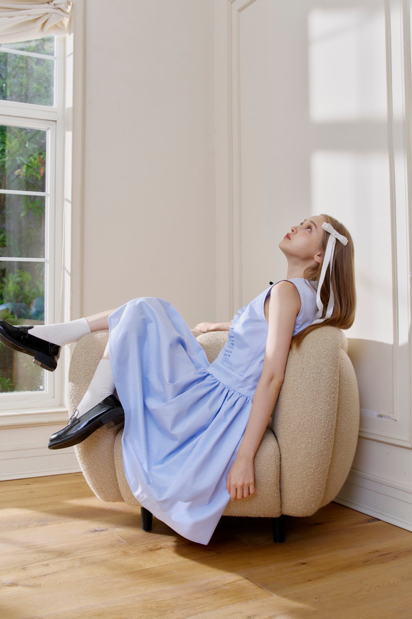 ‘Cloud Surfing’ Blue V-cut Gathering Dress