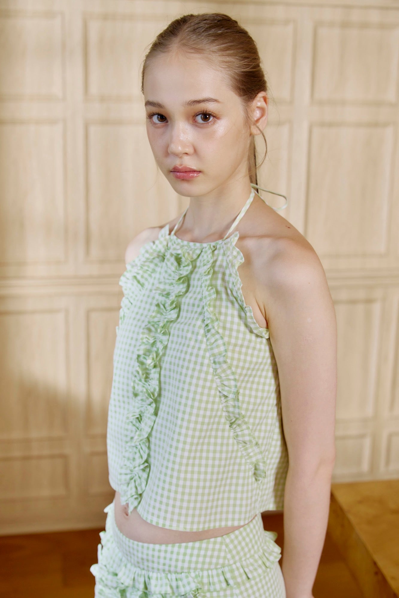 'Breathe deeply' Green Ruffles Tank Top