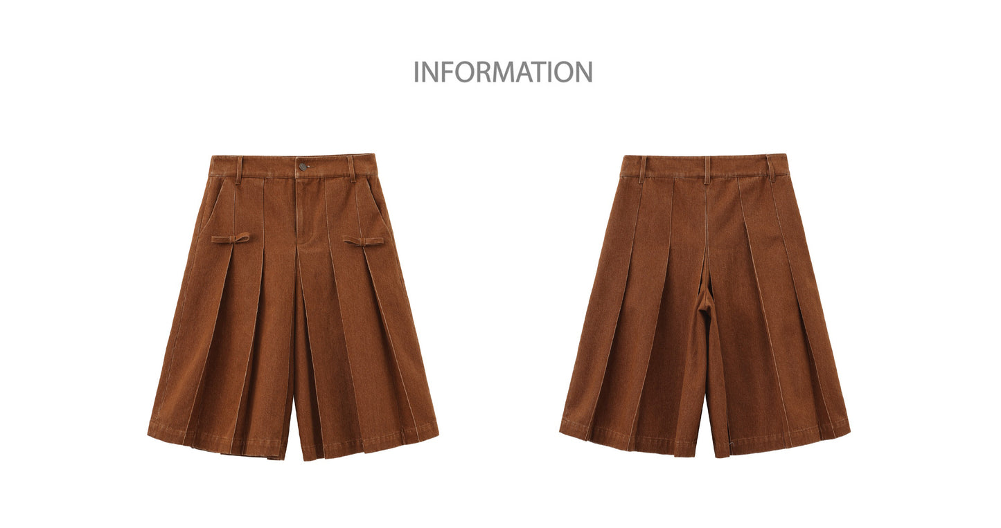‘Lumiè’ Brown Denim Pleated Capri Pants