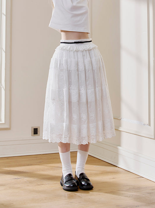 'Solitude Speaks' White Embroideried Midi Skirt