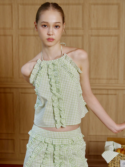 'Breathe deeply' Green Ruffles Tank Top