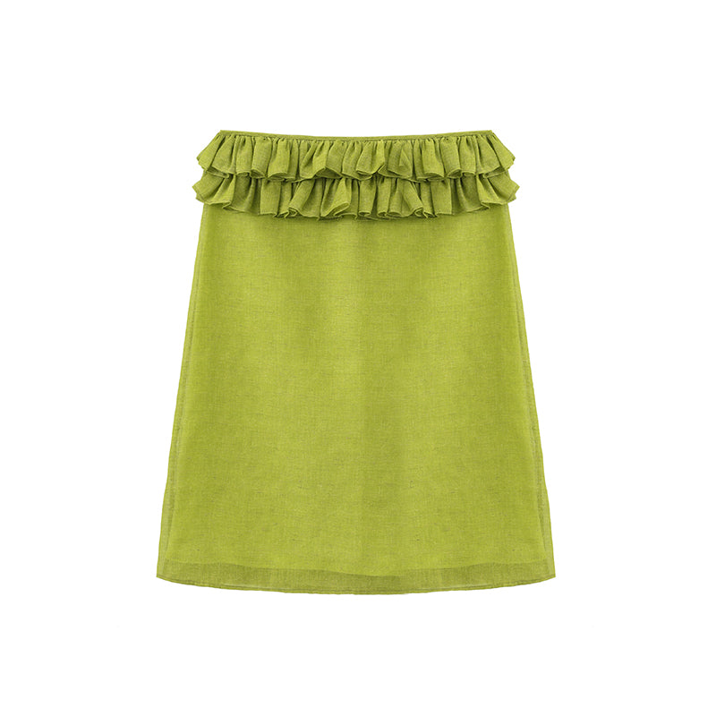 ‘Harold’ Green Linen Ruffles Midi Skirt