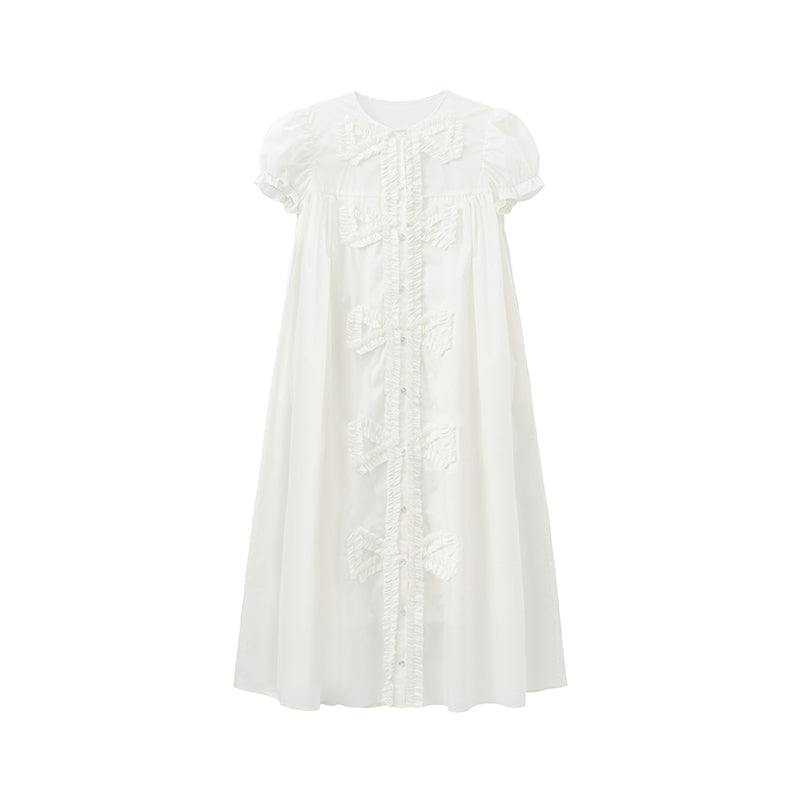 ‘Andrina’ White Gathering Bow-tie Long Shirt Dress