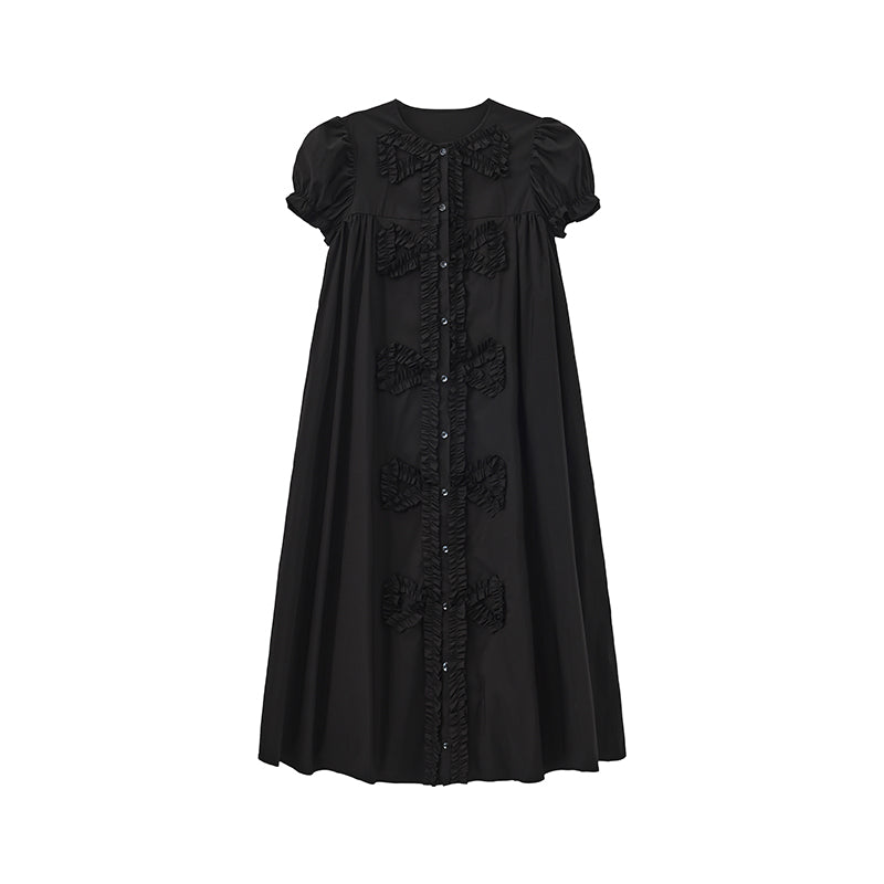 ‘Andrina’ Black Gathering Bow-tie Long Shirt Dress