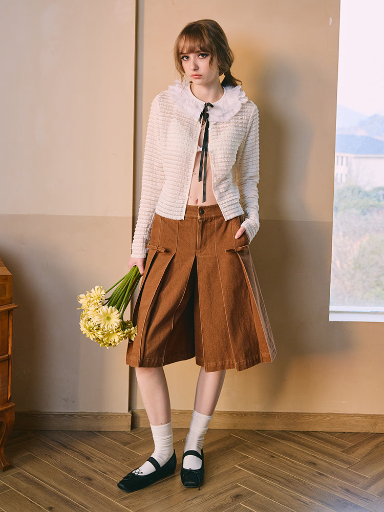 ‘Lumiè’ Brown Denim Pleated Capri Pants