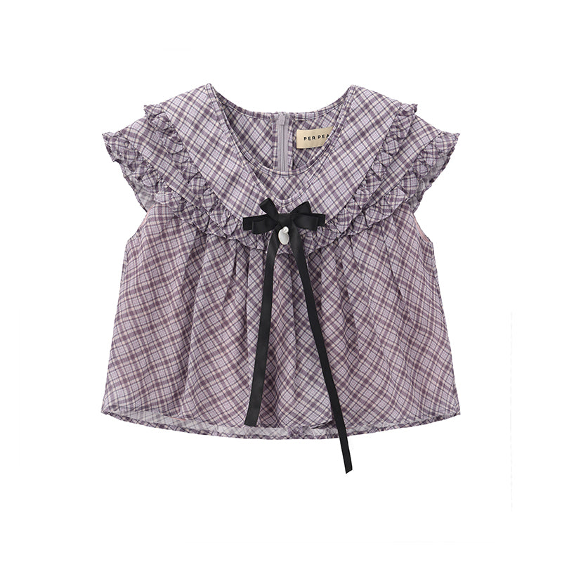 ‘Flounder’ Purple Plaid Double-Layer Collar Top