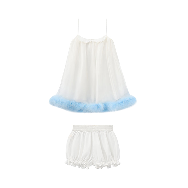 ‘Margot’ White Tulle Blue Feather Slip Dress