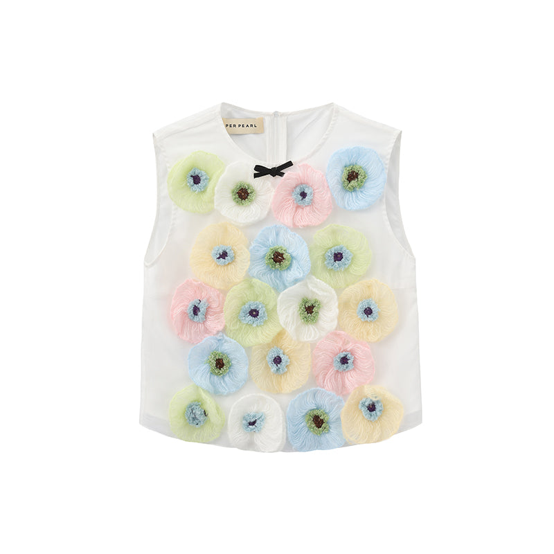‘Slyvia’ White Knit Flower Mesh Vest