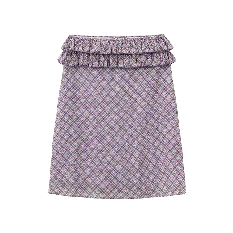 ‘Harold’ Purple Plaid Ruffles Midi Skirt