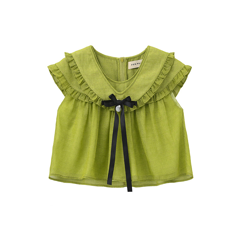 ‘Flounder’ Green Linen Double-Layer Collar Top