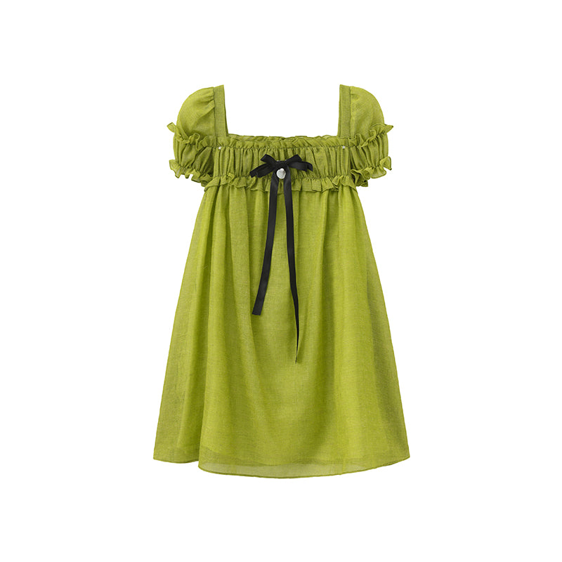‘Ariel’ Green Linen Puff Dress
