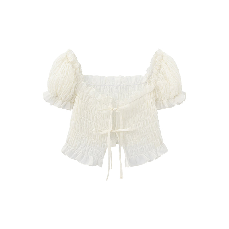 ‘Soleil’ Beige Smocking Puff Sleeve Top
