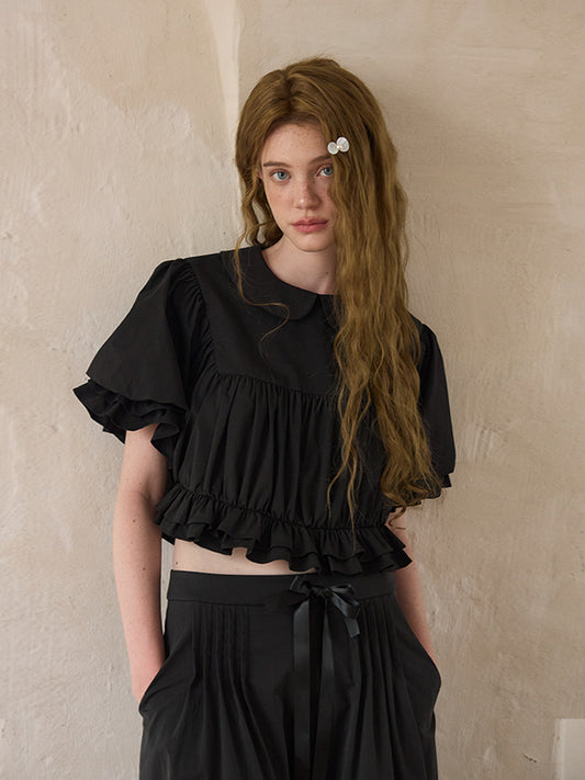‘Ursula’ Black Ruched Cropped Top